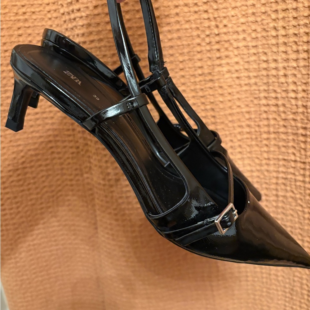 Zara Patent Sling Back Kitten Heels